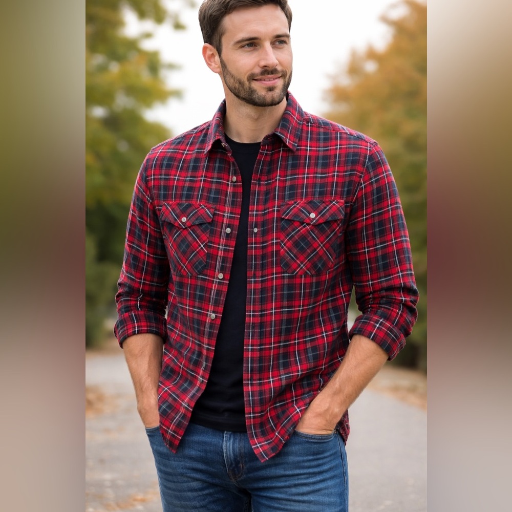 Banana Republic Red & Black Plaid Flannel Shirt – Size Medium – Standard Fit